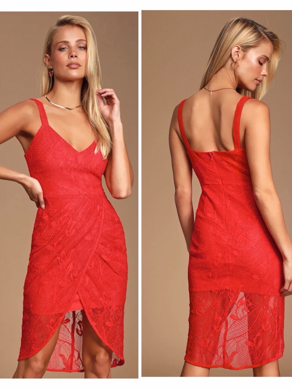 NWT Lulus Meg Red Lace Sleeveless Tulip Hem Dress